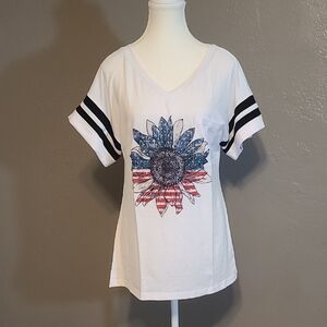 Cute Womens Small White Graphic Tee with Black Stripes and Relaxed Fit NWOT